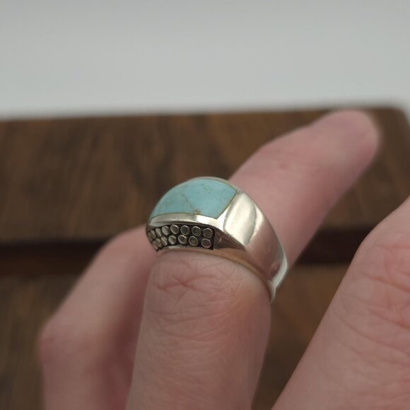 Size 6 Sterling Silver Turquoise Stone With Pattern Ring A1522 - Picture 3 of 8